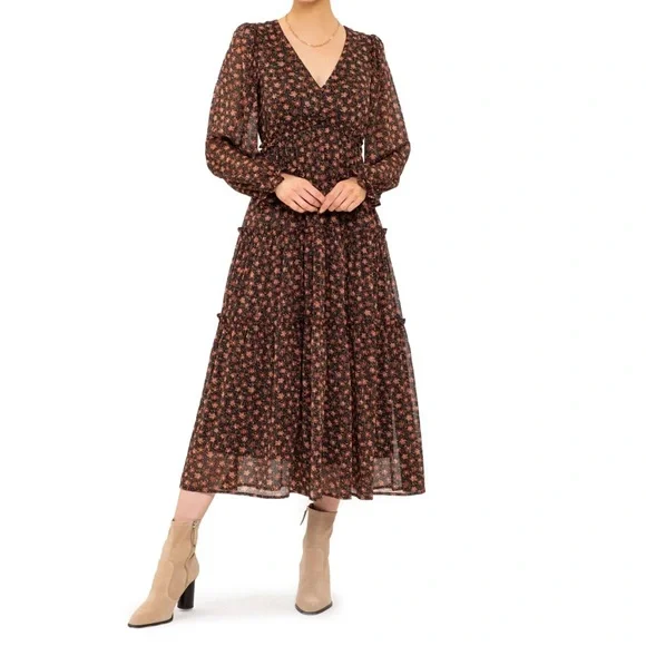 knee length dresses for ladies Provence Bloom Tiered Midi Dress Floral Green Selfie Leslie